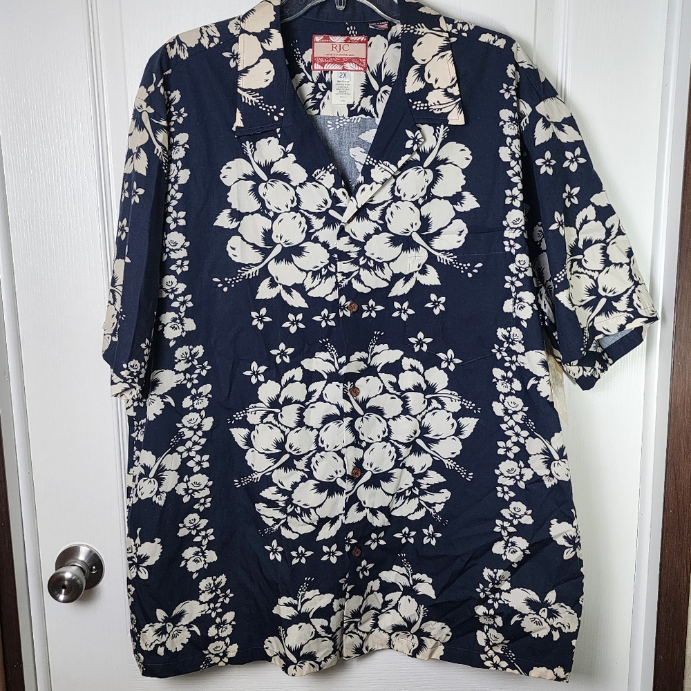 Mens Hawaiian Shirt Size 2X Blue White Floral